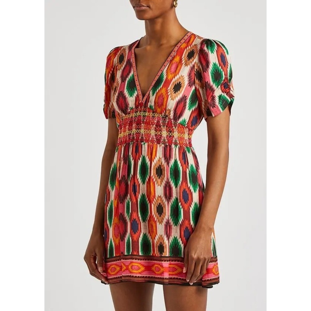 Alice + Olivia Ikat Print V-Neck Smocked Empire Waist Mini Dress Size 4